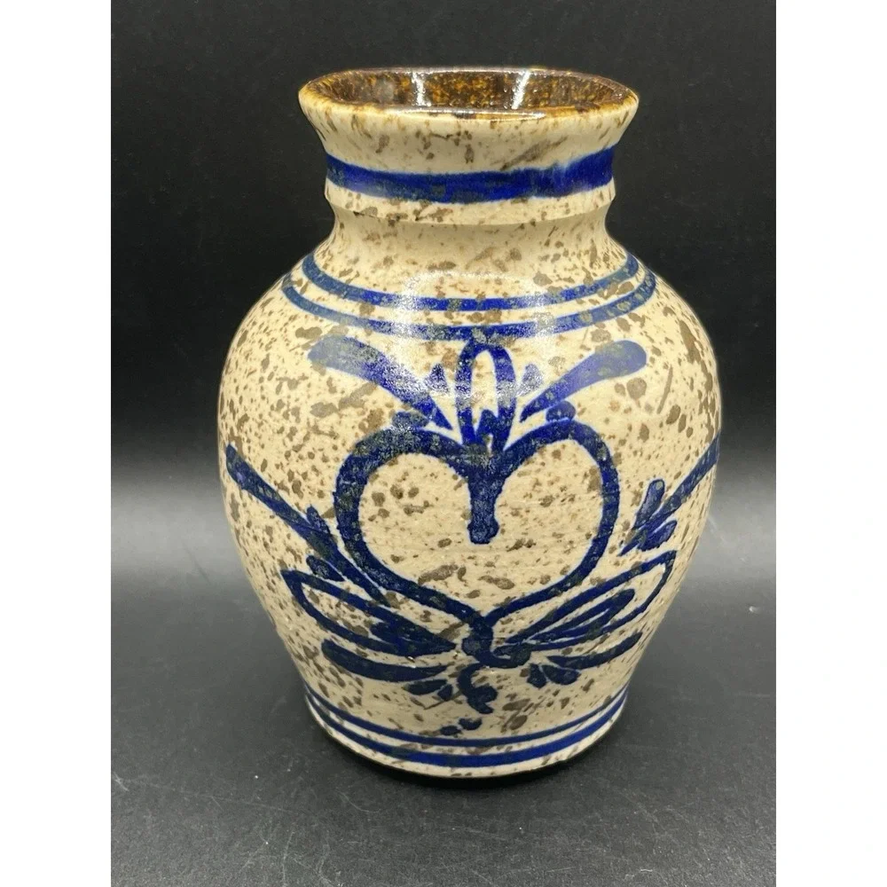Vintage‎ Stoneware Pottery Vase - Tan w/ Brown Speckles & Blue Bird/Heart-Signed